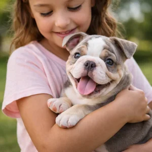Young girl holding a mini Bulldog in her arms and smiling