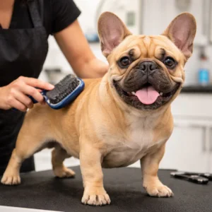French Bulldog puppy getting his first haircut by a professional groomer