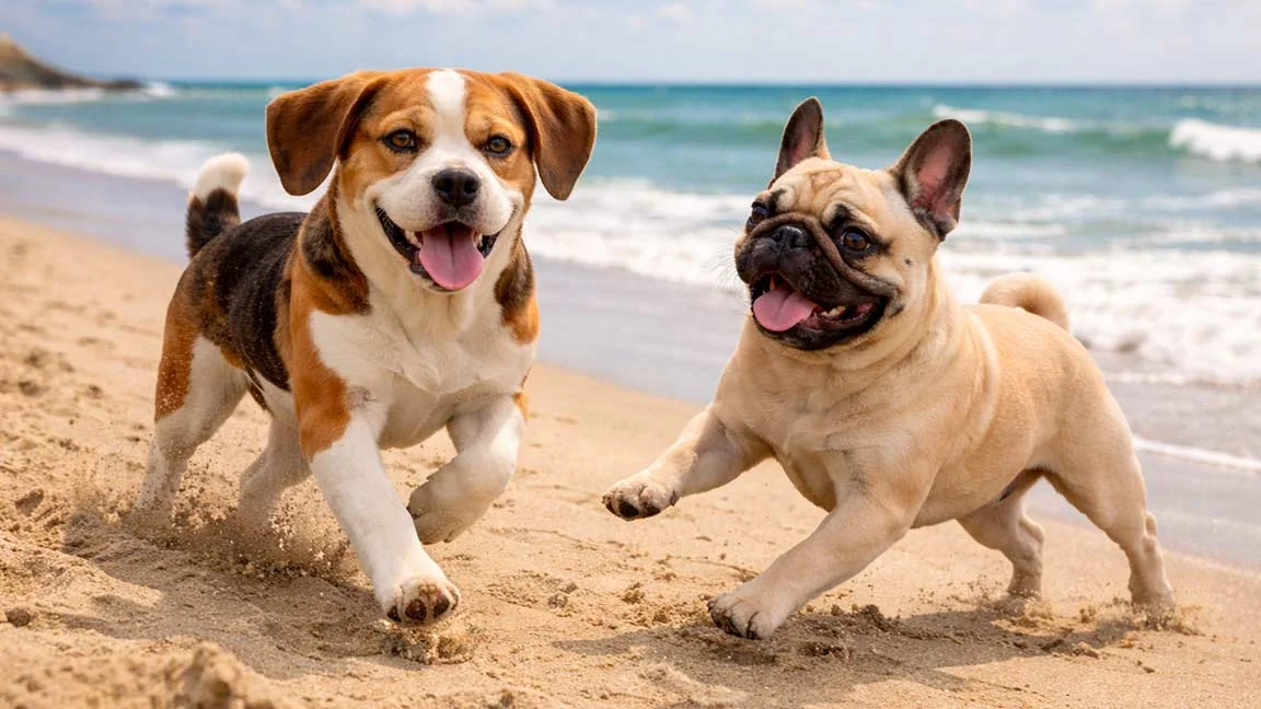 Two puppies playing togther at the beach: Beabull vs French Bulldog