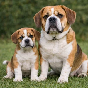 Beabull puppy standing next to an adult Beabull, which helps to answer the question "How big does a Beabull get?"