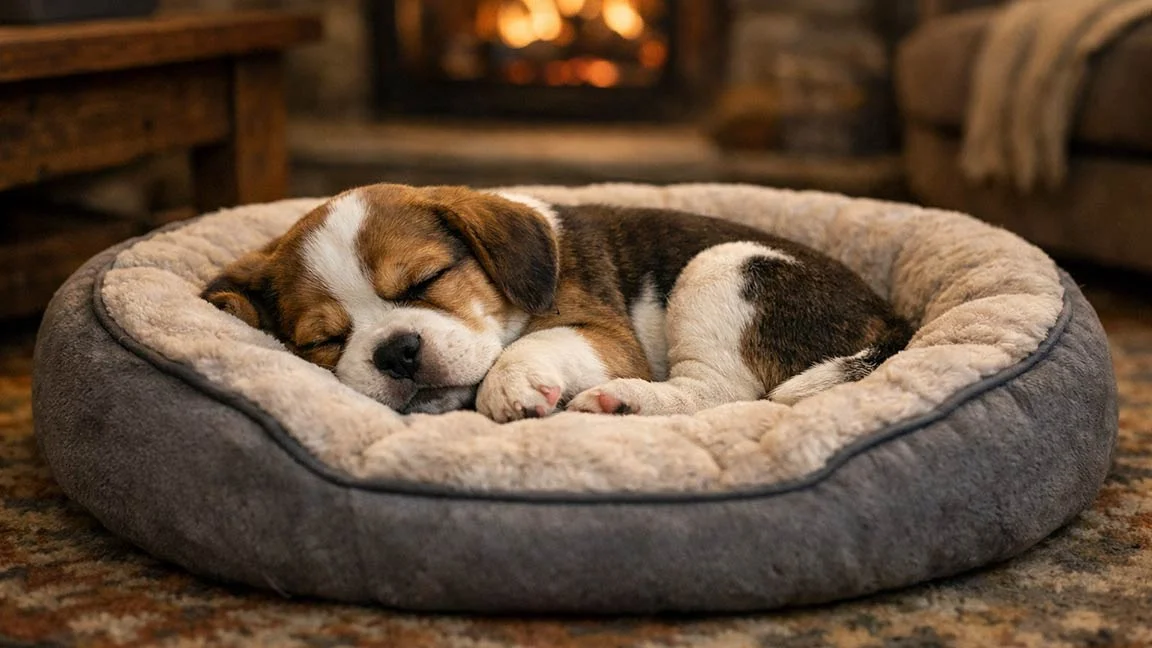 Beabull puppy sleeping in his dog bed