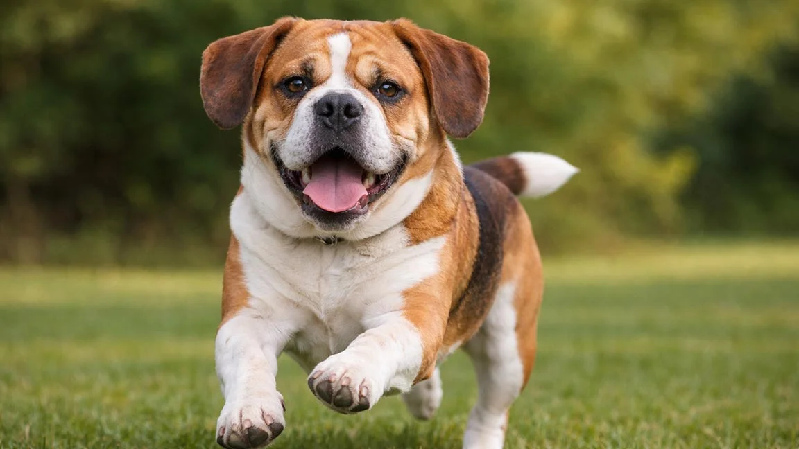 Beabull full grown running on the grass with his mouth open