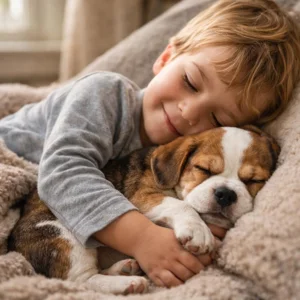 Young boy hugging a mini Bulldog puppy