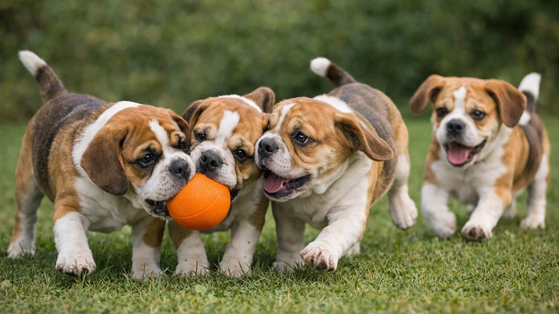 Mini Bulldog puppies playing together with an orange ball