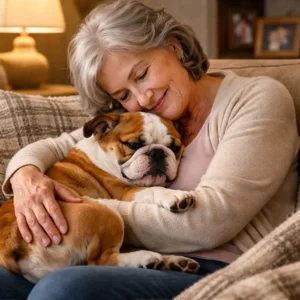 Woman holding her puppy from an ethical breeder, happy because she knew how much are mini Bulldog puppies