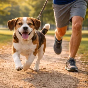A beabull puppy on a walk with its owner, who is wondering about the life expectancy of a Beabull