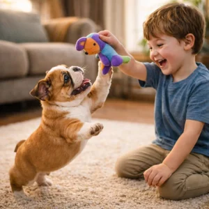 Young boy playing with a Beabull, wondering what is the difference between mini Bulldog vs Beabull