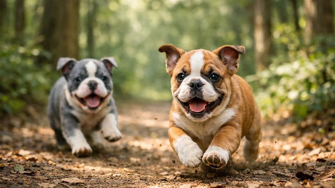 Two Beabull puppies running in a forest