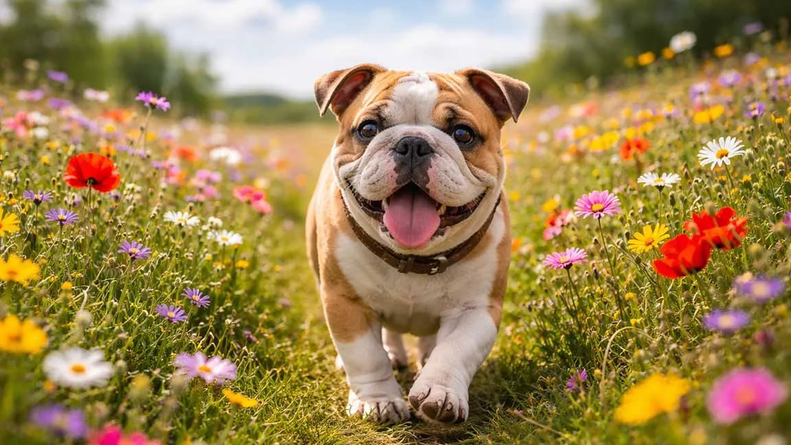 Mini Bulldog running in a field of wildflowers
