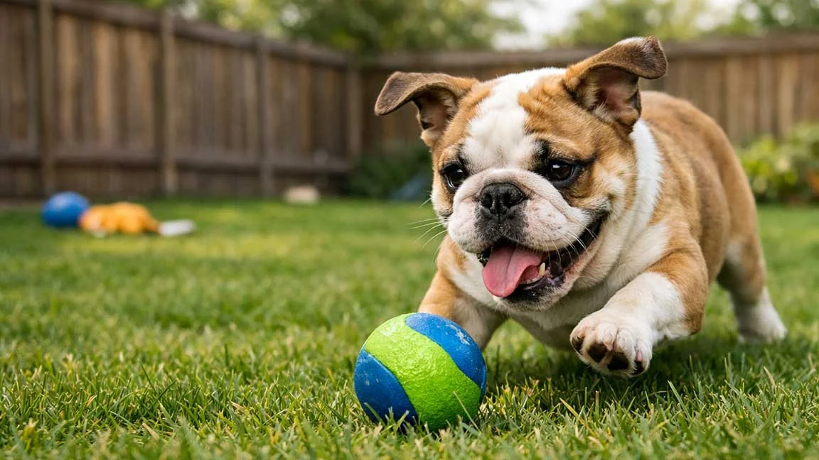 Mini English Bulldog playing with a ball in the backyard