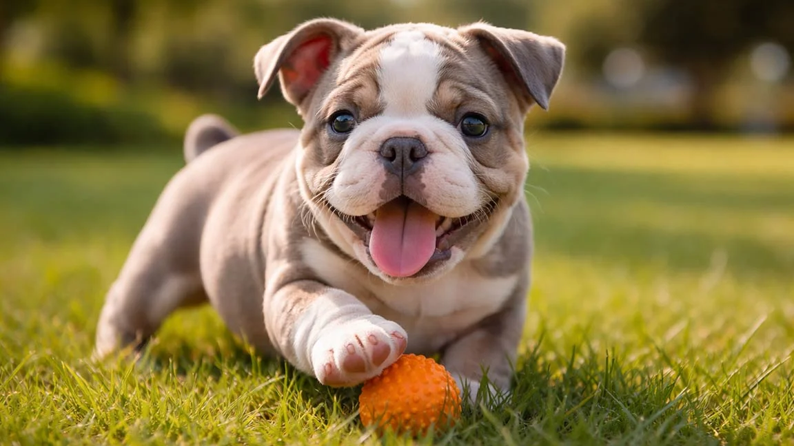 Mini Bulldog puppy playing in the grass with a dog toy