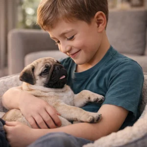 Young boy sitting down with a Pug puppy on his laps