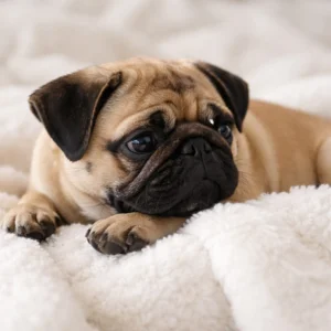 Pug puppy resting on a cozy white blanket