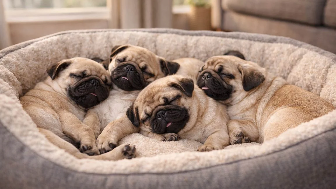Litter of Pug puppies sleeping together in a dog bed