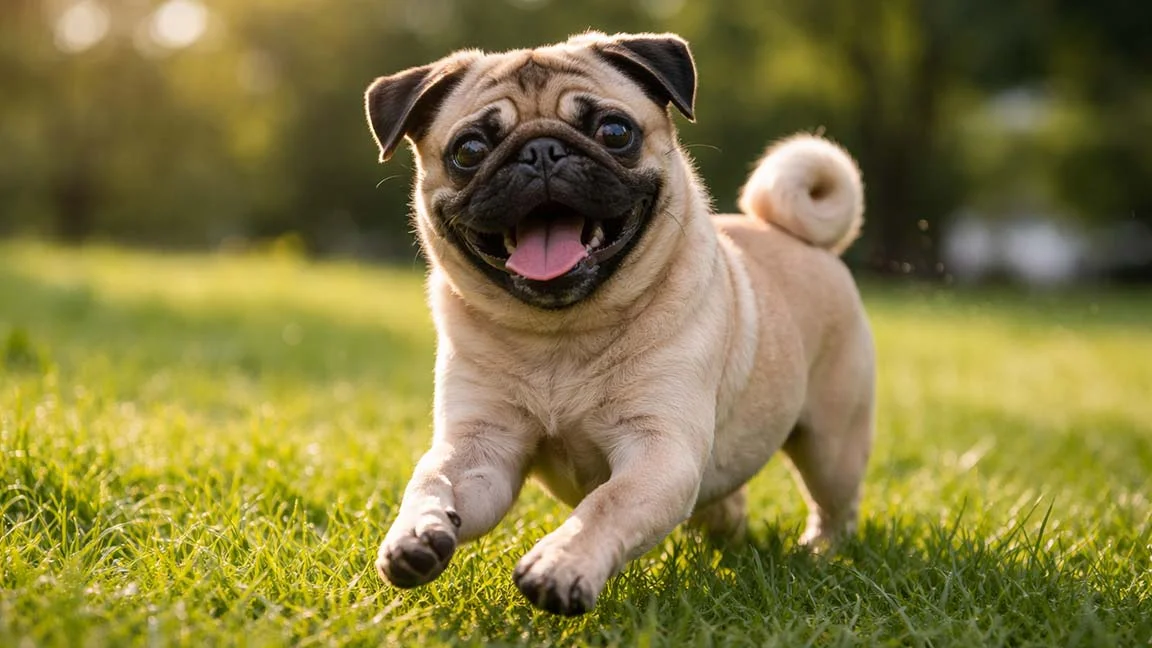 Pug puppy runing in the grass of his new home