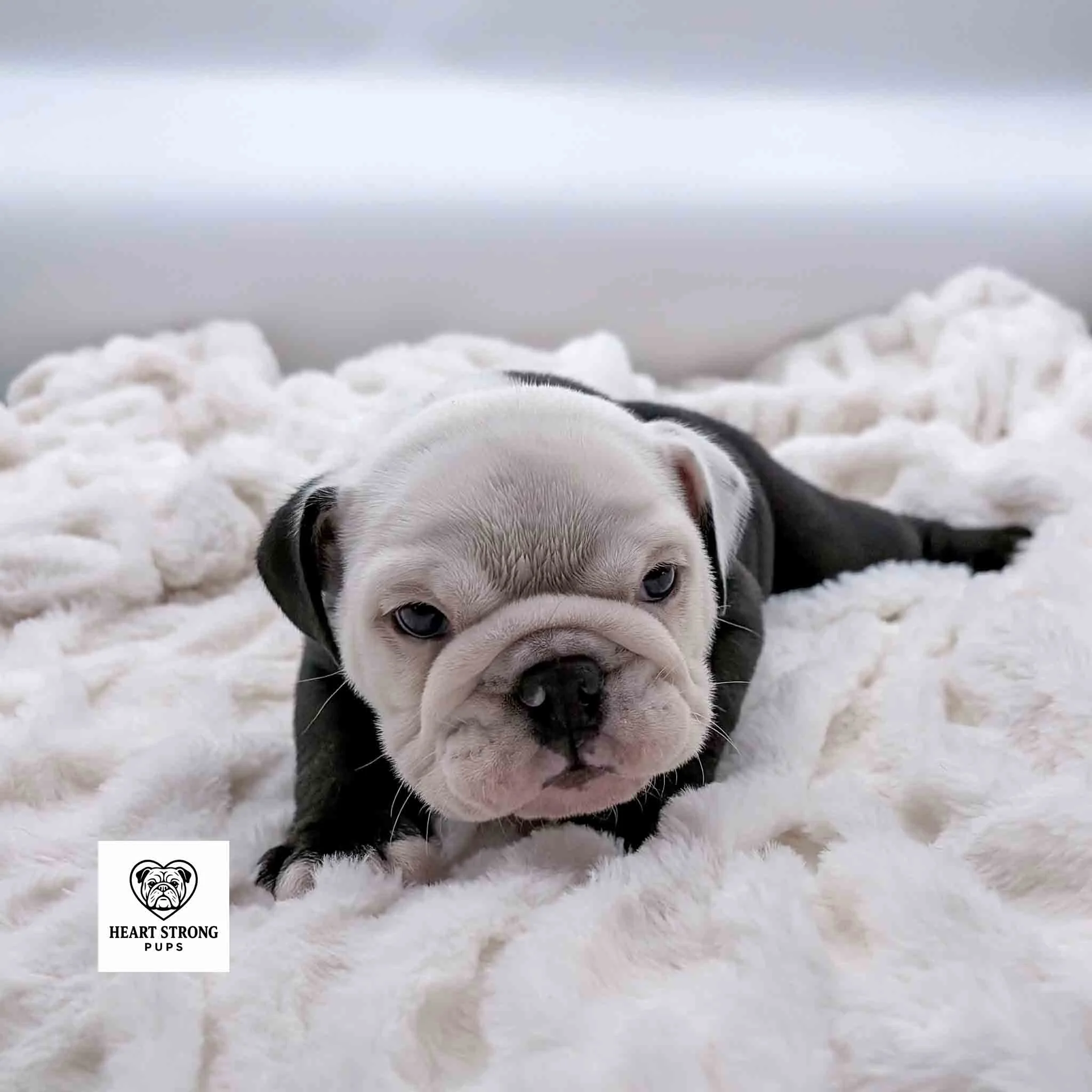 White faced English Bulldog with the cutest black ear and black nose