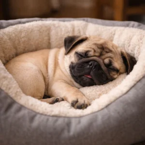Pug sleeping in a dog bed