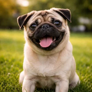 Pug sitting down, with a happy face and his tongue out