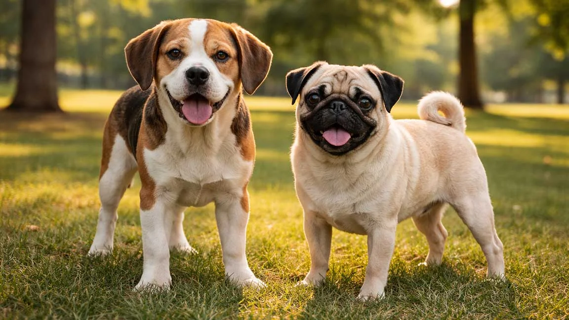 Pug standing next to a Beabull