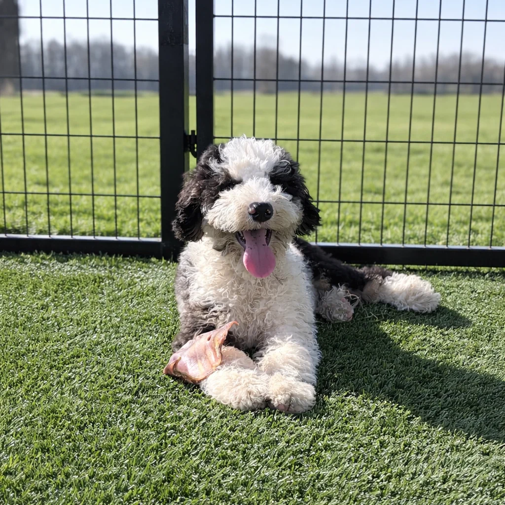 white Bernedoodle relaxing in the sunshine
