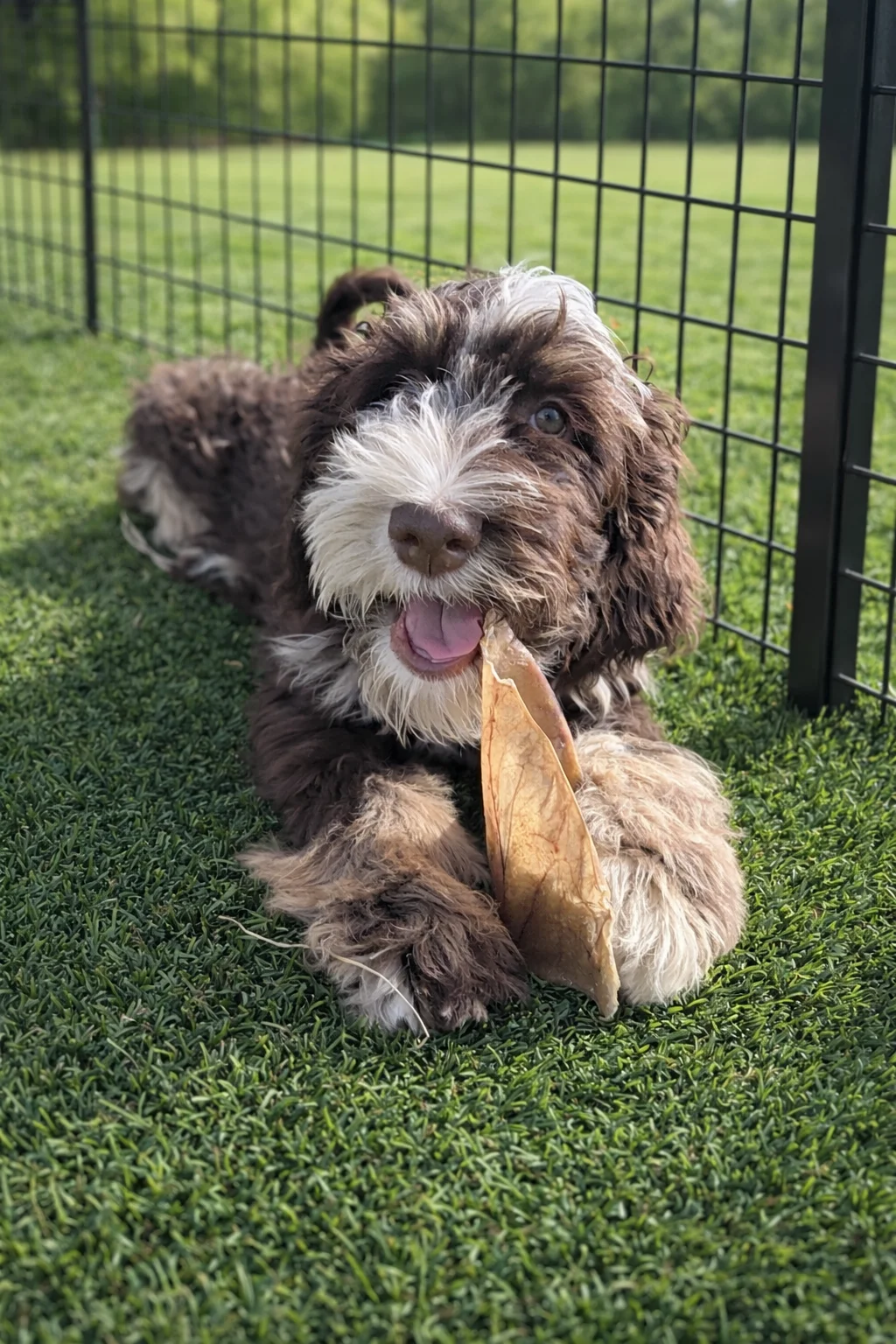 brown and white Mini Bernedoodle laying by fence playing with chew toy