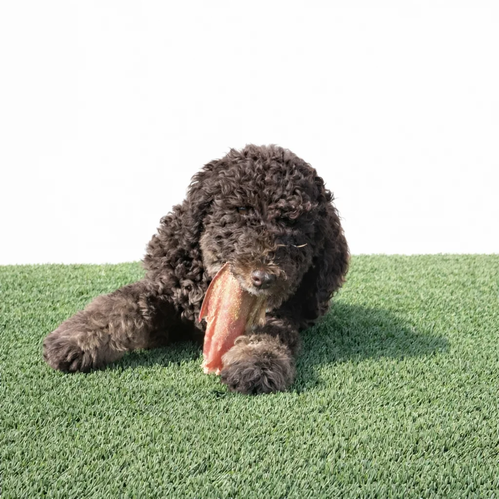 dark brown Mini Bernedoodle chewing on toy