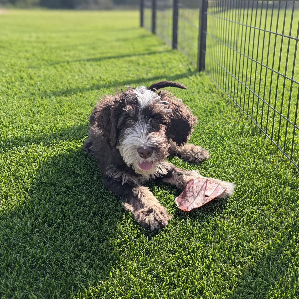 Brown and white Mini Bernedoodle laying by fence with chew toy.