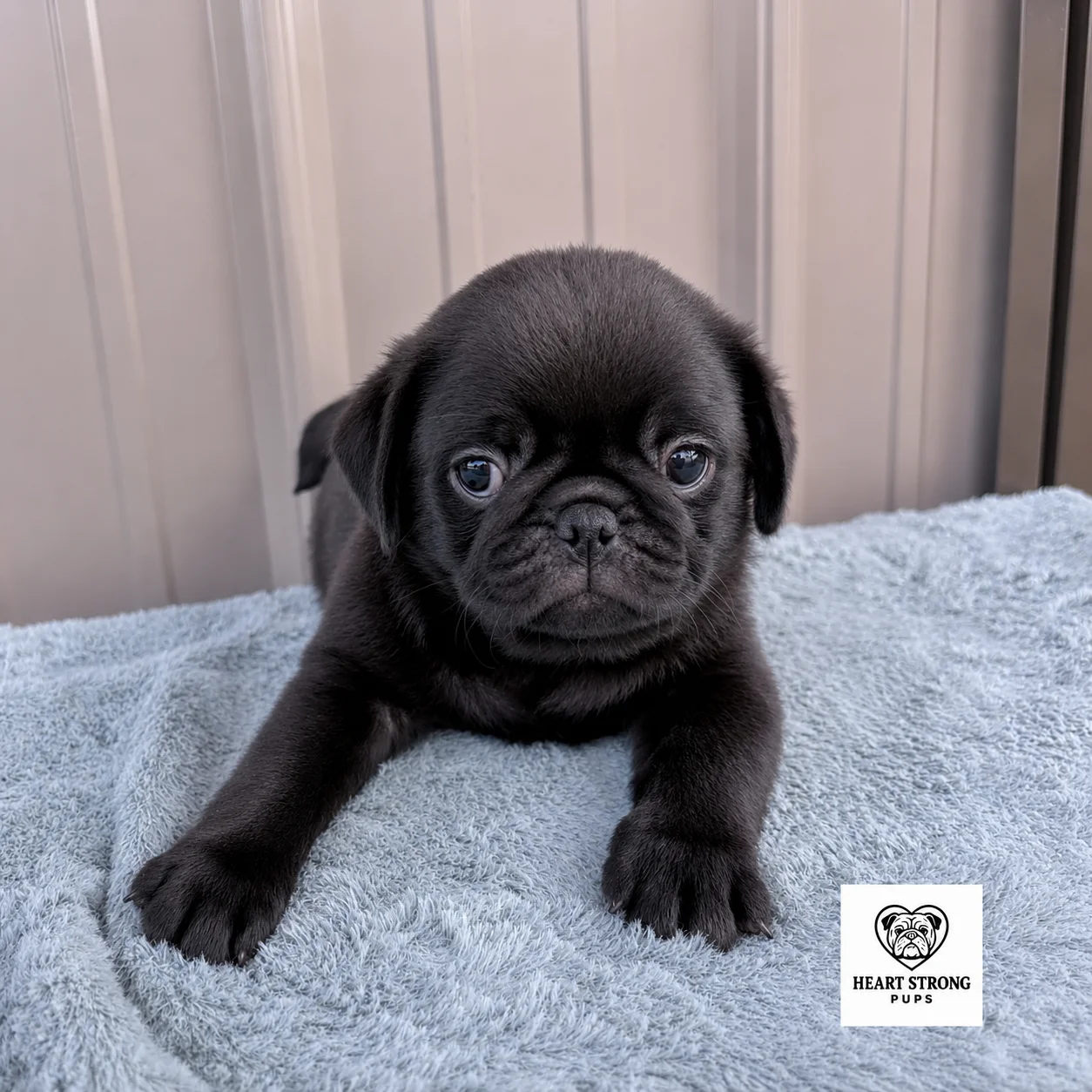 Ottis the Pug puppy laying on a soft blanket in front of tan background
