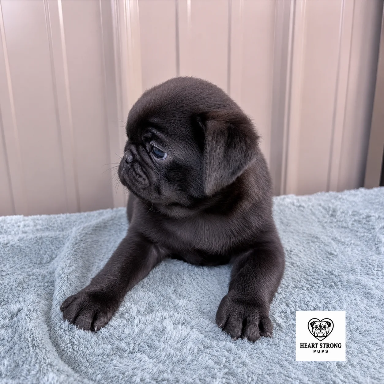 Ottis the Pug watching his siblings play and ignoring the camera